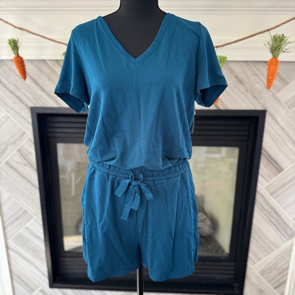 Daily Ritual Teal Romper V-Neck Short Sleeve Drawstring Waist Casual M - Picture 3 of 6